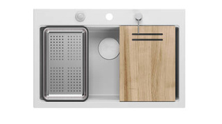 Zlewozmywak granitowy MARC 1-komorowy 76x50 cm biały/snow white + elementy stal szlachetna