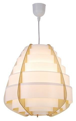 Lampa wisząca NAGOJA w stylu Japandi – biało-beżowy klosz z tworzywa i drewna – skandynawska lampa do salonu E27