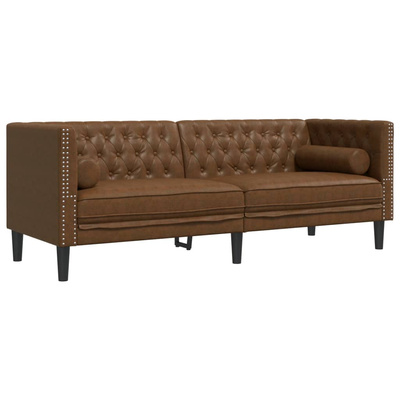Sofa Chesterfield z wałkami, 3-os., brązowa, sztuczny zamsz