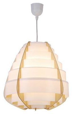 Lampa wisząca NAGOJA w stylu Japandi – biało-beżowy klosz z tworzywa i drewna – skandynawska lampa do salonu E27