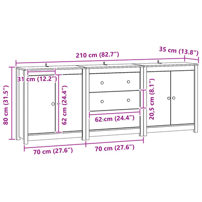 Bufet 3 szt. Woskowy Brąz 210 x 35 x 80 cm Lite drewno sosnowe