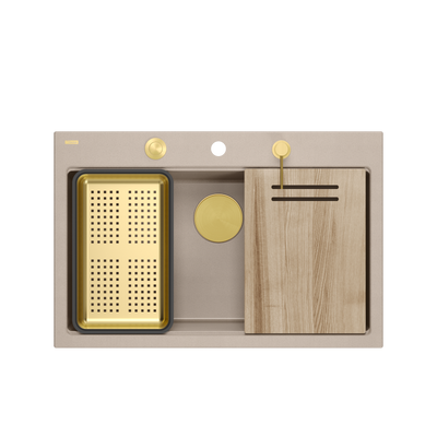 Zlewozmywak granitowy MARC 110 WORKSTATION – jednokomorowy, wpuszczany, pearl beige/elementy złote + AKCESORIA, Quadron