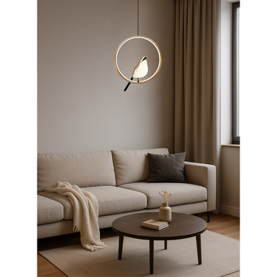 Lampa wisząca Abigali Bird 18W okrągła z ptakiem nowoczesna złoty