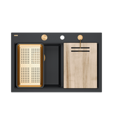 Zlewozmywak granitowy MARC 120 WORKSTATION – dwukomorowy, wpuszczany, pure carbon/elementy miedziane + AKCESORIA, Quadron