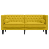 Sofa Chesterfield z wałkami, dwuosobowa, żółta, aksamit