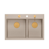 Zlewozmywak granitowy MARC 120 WORKSTATION – dwukomorowy, wpuszczany, pearl beige/elementy miedziane + AKCESORIA, Quadron