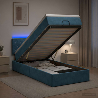 Łóżko z pojemnikiem i materacem LED granatowy 90 x 200 cm Welur