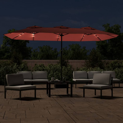 Podwójny parasol ogrodowy z LED, terakotowy, 449x265 cm