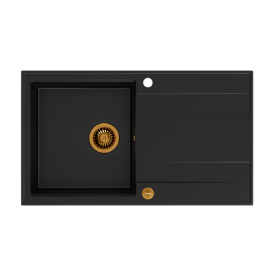 EVAN 111 GraniteQ zlewozmywak z syfonem Push 2 Open 1-komorowy z/o (860x500x210) pure carbon / elementy miedziane
