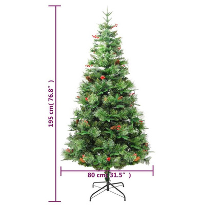 vidaXL Sztuczna choinka z lampkami i szyszkami, zielona 195 cm, PVC/PE