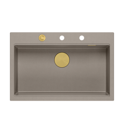 Zlewozmywak granitowy MARC 1-komorowy 76x50 cm szarobeżowy/soft taupe + Nano ZŁOTO PVD
