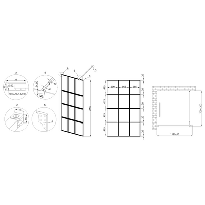 Kabina walk-in ii 120x200cm geometryczna 8mm shiny-glass czarny AK-32-127-S Invena
