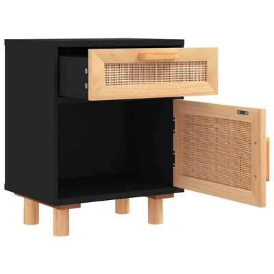 Szafki nocne, 2 szt., czarne, lite drewno sosnowe i rattan