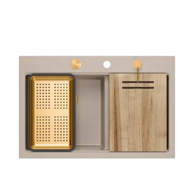 Zlewozmywak granitowy MARC 120 WORKSTATION – dwukomorowy, wpuszczany, pearl beige/elementy miedziane + AKCESORIA, Quadron