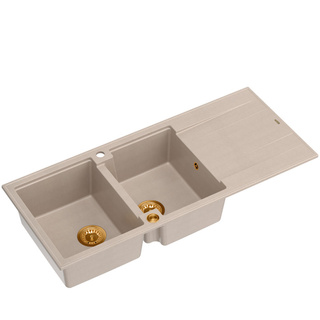 Zlewozmywak granitowy EVAN 121 – dwukomorowy, wpuszczany, pearl beige/elementy miedziane, Quadron