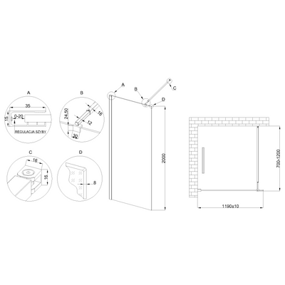 Kabina walk-in ii 120x200cm ramka 8mm shiny-glass czarny AK-32-128-S Invena