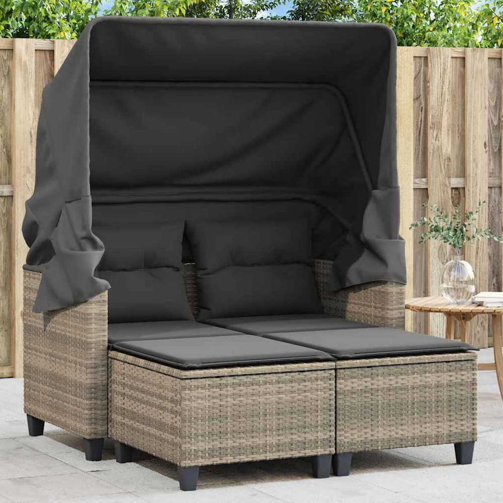 2-os. sofa ogrodowa, daszek i podnóżki, jasnoszara, rattan PE