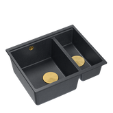 QUADRON | LOGAN 150 | granitowy zlewozmywak kuchenny CZARNY + ZŁOTO PVD | wymiary: 56 x 46 x 22 cm | 1,5-komorowy wpuszczany | podbudowa szafki od: 60 cm