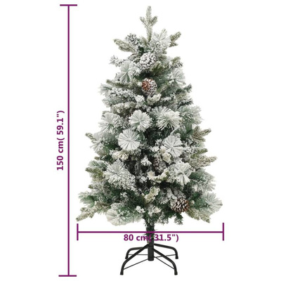vidaXL Choinka flokowana śniegiem z lampkami i szyszkami 150 cm PVC/PE