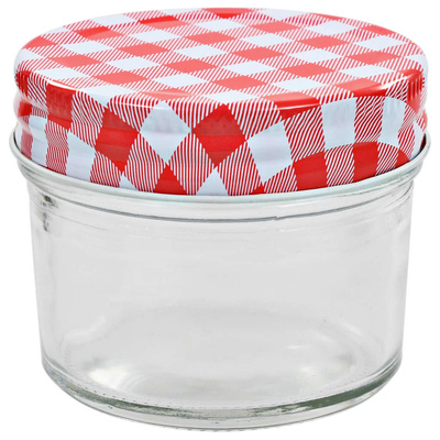 Szklane słoiki na dżem, biało-czerwone pokrywki, 24 szt, 110 ml