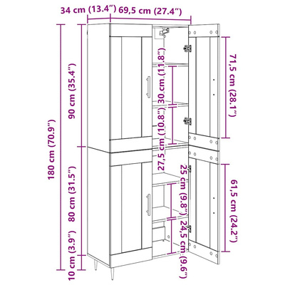 Highboard Stare drewno 69,5 x 34 x 180 cm Drewno inżynieryjne