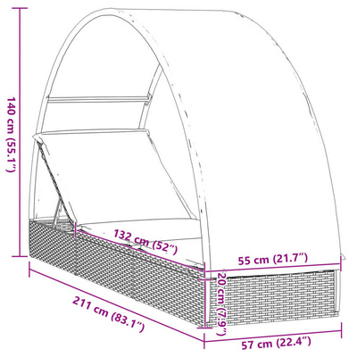vidaXL Leżak z półokrągłym daszkiem, brązowy, 211x57x140 cm, rattan PE