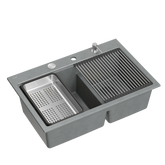 Zlewozmywak granitowy MARC 120 WORKSTATION – dwukomorowy, wpuszczany, silver stone/elementy stalowe + AKCESORIA, Quadron