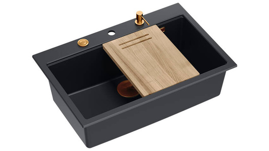 Zlewozmywak granitowy MARC 1-komorowy 76x50 cm czarny/pure carbon + Nano MIEDŹ PVD