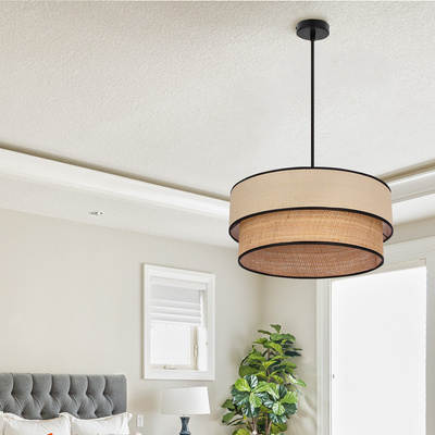 Lampa wisząca z abażurem Lorenzo kremowy z czarną oblamówką do jadalni