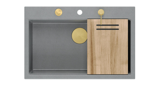 Zlewozmywak granitowy MARC 1-komorowy 76x50 cm szary/silver stone + Nano ZŁOTO PVD