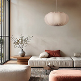 Lampa wisząca CAFEE' skandynawska z abażurem beżowym frappe 52 cm - minimalistyczne oświetlenie sufitowe w stylu japandi E27