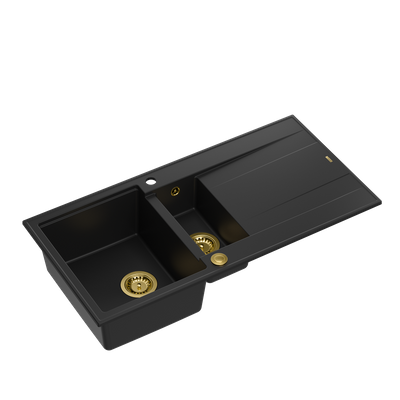 EVAN 156 GraniteQ zlewozmywak z syfonem Push To Open 1,5-komorowy z/o (1000x500x210; kom. 420x480) pure carbon / elementy złote