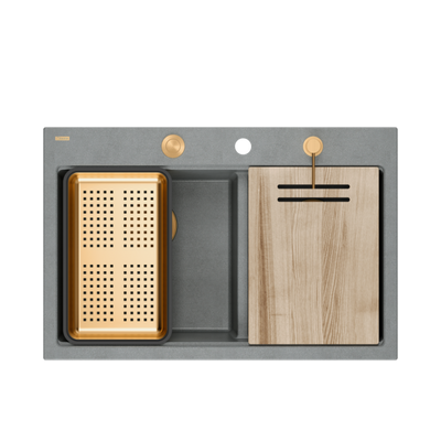 Zlewozmywak granitowy MARC 120 WORKSTATION – dwukomorowy, wpuszczany, silver stone/elementy miedziane + AKCESORIA, Quadron