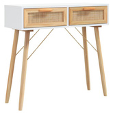 vidaXL Stolik konsolowy, biały, 80x30x75 cm, lita sosna i rattan