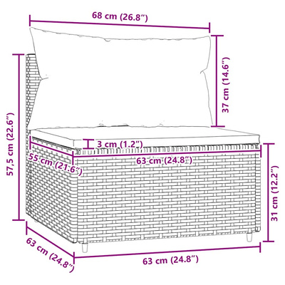 Środkowy moduł sofy z poduszką, szary, polirattan