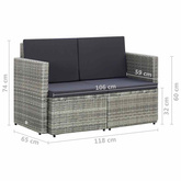 2-osobowa sofa ogrodowa z poduszkami, polirattan, szara
