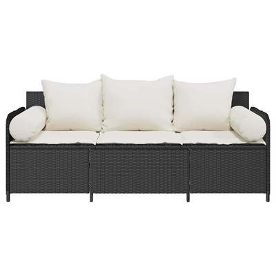Sofa ogrodowa z poduszkami, 3-osobowa, czarna, polirattan