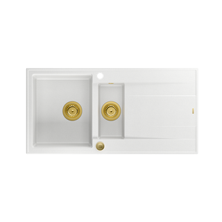 EVAN 156 GraniteQ zlewozmywak z syfonem Push To Open 1,5-komorowy z/o (1000x500x210; kom. 420x480) snow white / elementy złote