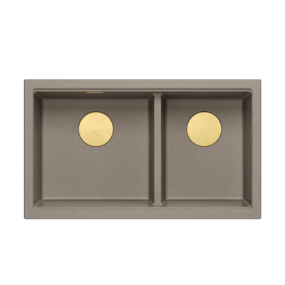 Zlewozmywak granitowy LOGAN 120 – dwukomorowy, podwieszany, soft taupe/elementy złote, Quadron