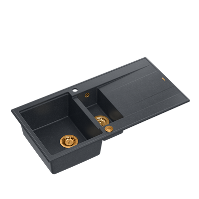 EVAN 156 GraniteQ zlewozmywak z syfonem Push To Open 1,5-komorowy z/o (1000x500x210; kom. 420x480) black diamond / elementy miedziane