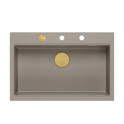 Zlewozmywak granitowy MARC 1-komorowy 76x50 cm szarobeżowy/soft taupe + Nano ZŁOTO PVD