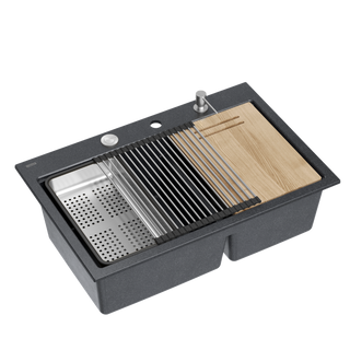 Zlewozmywak granitowy MARC 120 WORKSTATION – dwukomorowy, wpuszczany, black diamond/elementy stalowe + AKCESORIA, Quadron