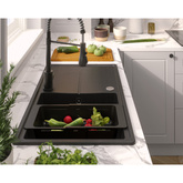 Zlewozmywak granitowy TONY 111 – jednokomorowy, wpuszczany, black dotted/elementy stalowe, Quadron