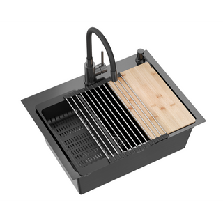Zlewozmywak stalowy LUKE 110 WORKSTATION – jednokomorowy, wpuszczany, stal black metal/elementy black metal + AKCESORIA, Quadron model standard