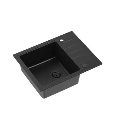 PETER 116 GraniteQ zlewozmywak granitowy pure carbon 1-komorowy z/o (62x50x20) z syfonem pure carbon i zaślepką kol. czarny
