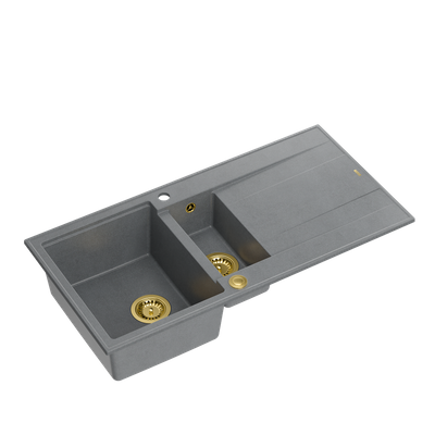 EVAN 156 GraniteQ zlewozmywak z syfonem Push To Open 1,5-komorowy z/o (1000x500x210; kom. 420x480) silver stone / elementy złote