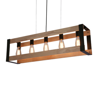 Lampa wisząca czarna metalowa + drewno 5x40W E27 Varna 35-79282