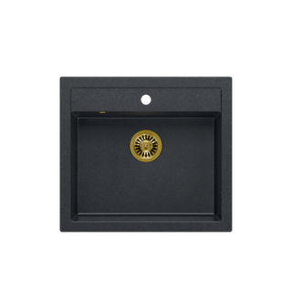 Quadron | BILL 110 | kuchenny zlewozmywak granitowy CZARNY + ZŁOTO PVD | wymiary: 60 x 54 x 20,5 cm | 1-komorowy wpuszczany/podwieszany | podbudowa szafki: od 60 cm