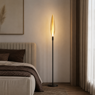 Lampa podłogowa Nordic szklana z bursztynowym kloszem czarna metalowa stojąca