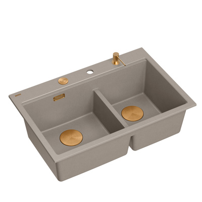 Zlewozmywak granitowy MARC 120 WORKSTATION – dwukomorowy, wpuszczany, soft taupe/elementy miedziane + AKCESORIA, Quadron